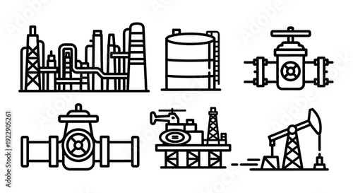 Industrial oil refinery and equipment illustrations showcasing extraction and processing from various viewpoints