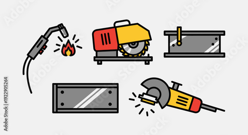Industrial equipment including cutting and welding tools displayed on a neutral background from a straightforward viewpoint
