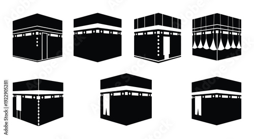 Black and white illustrations of the kaaba in varying perspectives