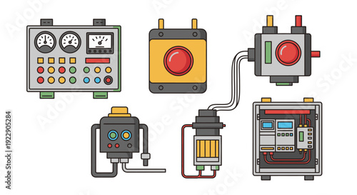 Industrial machinery components, equipment, and controls are illustrated in a detailed graphic representation from a frontal viewpoint.