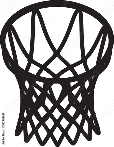  Simple black silhouette of a basketball net against a white background, representing sport and competition.