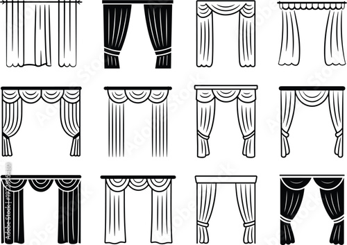 Set of curtain and window treatment icons featuring various drapery styles valances blind silhouettes and interior decor textile vector elements