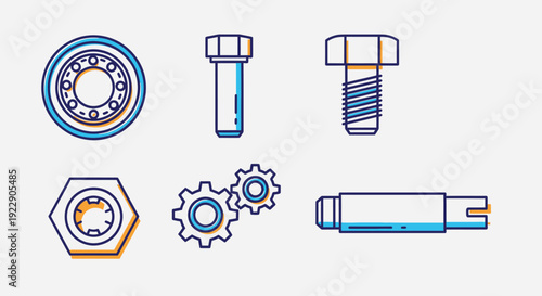 Collection of mechanical parts including bolts nuts gears and fasteners displayed on a clean background from a straightforward viewpoint