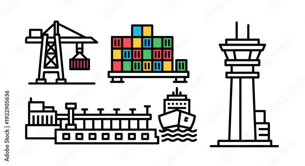 Fototapeta premium Cargo ship being loaded with shipping containers at a busy port with a crane and control tower nearby