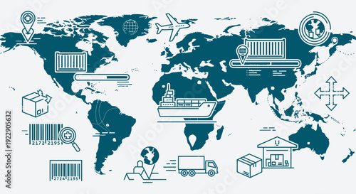 Global Logistics and Transportation Network Illustration Showing Worldwide Shipping Routes and Various Modes of Transport
