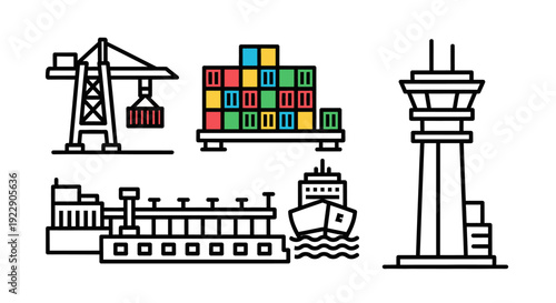 Cargo ship being loaded with shipping containers at a busy port with a crane and control tower nearby