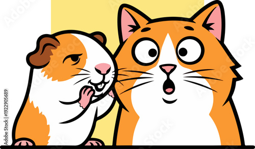 A surprised cat and a guinea pig looking at something.