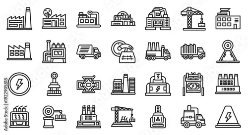Collection of Industrial Icons Representing Manufacturing and Technology Processes in a Simple Line Art Style