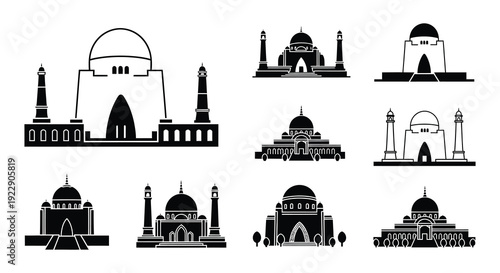 Black and white vector icons of various islamic architectural monuments