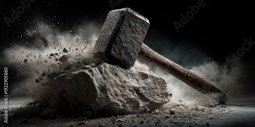 Heavy sledgehammer smashing a stone with dust and debris explosion against a dark background