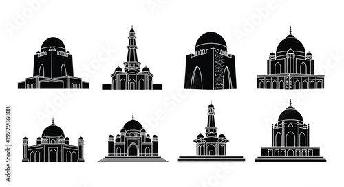Black and white vector icons of various islamic architectural monuments