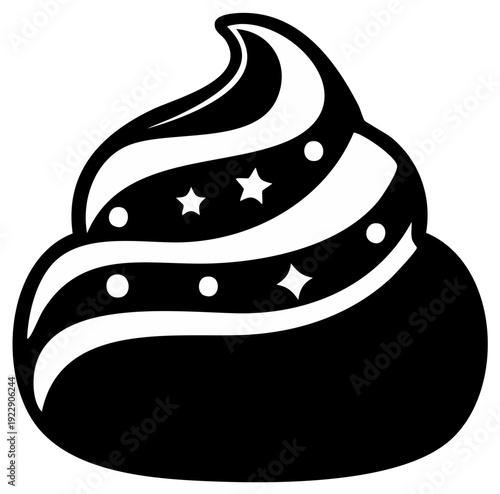 Whimsical Black Creamy Dessert with Stars and Swirls Decorative Pastry in Flat Vector
