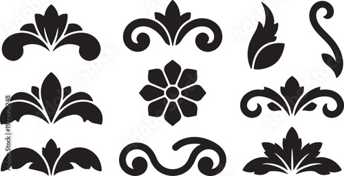 Ornate floral vector icon set. Includes 7 decorative elements. Created in minimalist style with black and white color palette.