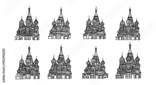 Stylized black and white illustration of saint basil s cathedral repeated