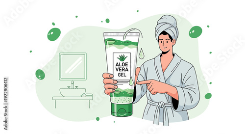 Woman with Aloe Vera Gel Tube in Bathroom, Skincare Routine Illustration