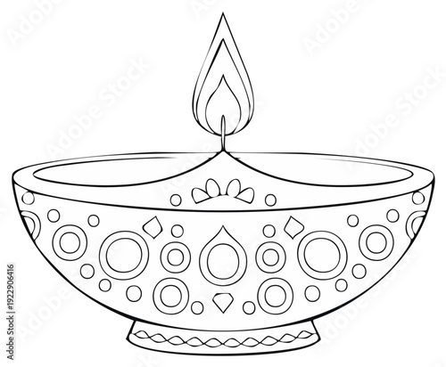 Diya oil lamp with flame and decorative pattern outline