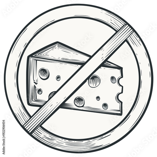 Hand-drawn sketch of a cheese slice with a prohibition sign overlaid, symbolizing no dairy or lactose-free.