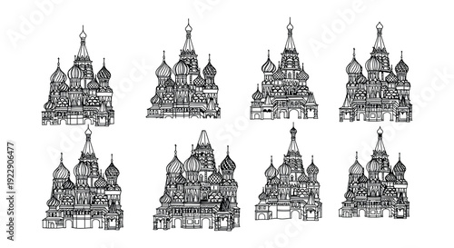 Stylized black and white illustration of saint basil s cathedral repeated