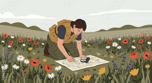 Woman with Compass and Map in Wildflower Meadow, Outdoor Exploration and Navigation