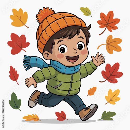Happy Cartoon Boy Running in Falling Autumn Leaves Illustration