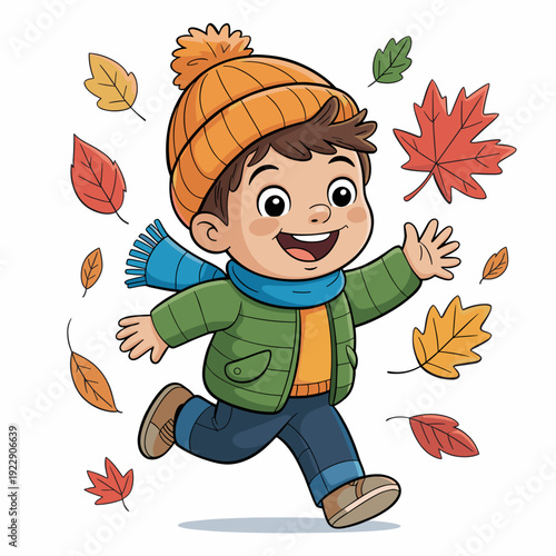 Happy Cartoon Boy Running in Falling Autumn Leaves Illustration