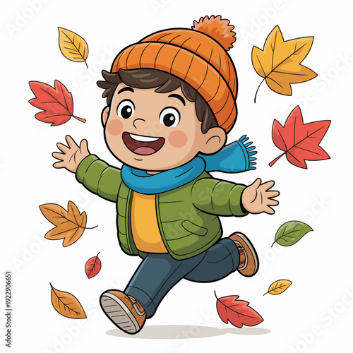 Happy Cartoon Boy Running in Falling Autumn Leaves Illustration