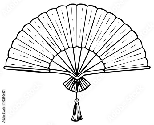 Delicate Hand Fan Illustration with Asian Elements and Tassel in Black and White