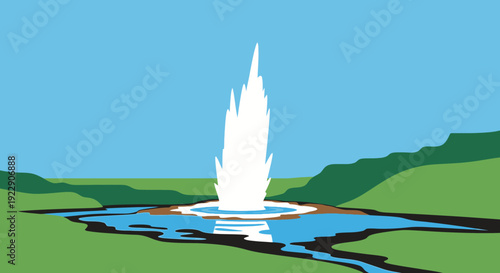 Spectacular Geyser Eruption in a Serene Natural Landscape with Blue Sky