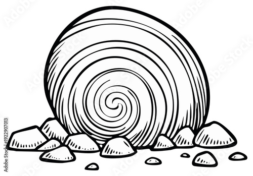 Ink drawing of a large spiraling seashell with rocks, nature graphic art design.