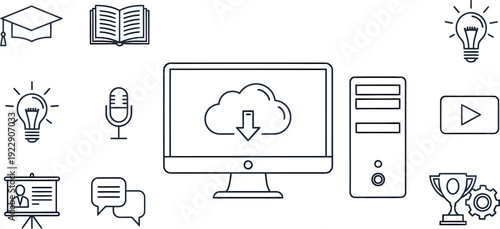 Digital Learning and Multimedia Line Icons
