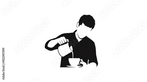 Minimalist silhouette of a barista pouring latte art into a cup, clean black and white vector illustration for coffee themes.