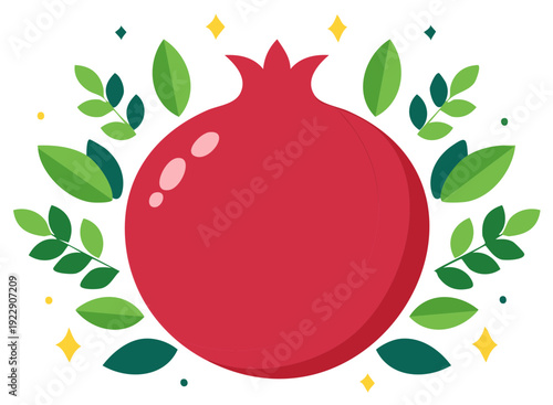 Stylized vector illustration of a whole pomegranate with green leaves, a symbol of prosperity and Jewish holidays
