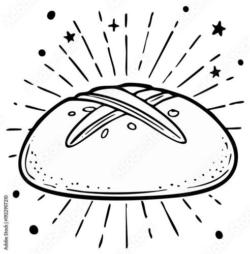 Artistic Line Drawing of a Rustic Loaf of Bread with Starburst Effect