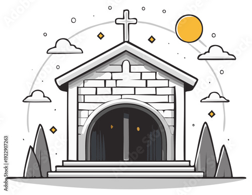 Stone Chapel with Cross and Arched Entrance on Sunny Day with Clouds