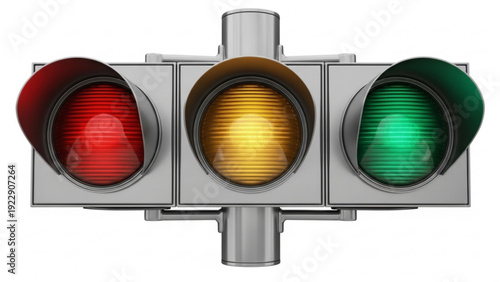 Close-up of a traffic light showing red, yellow, and green lights illuminated on a white background.
