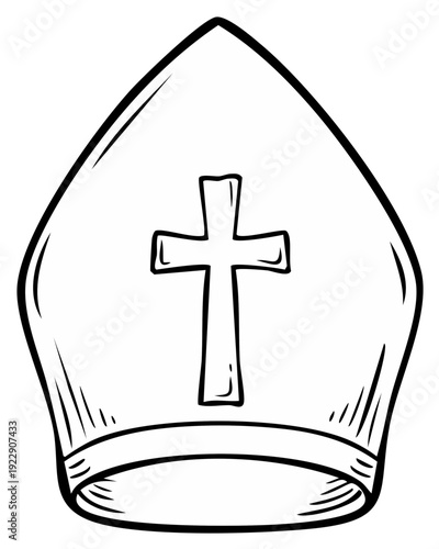Religious headdress with cross, drawn illustration, Christianity symbol
