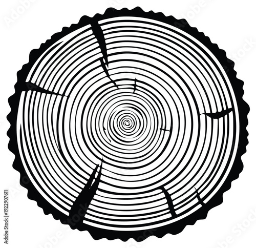 Black and white illustration of a tree stump showing rings and cracks