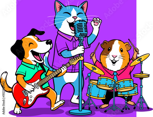 Cartoon animals band playing music with instruments and singing.