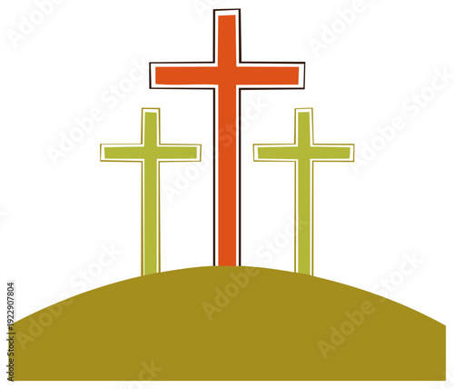 Three crosses standing on a hill representing faith and spirituality