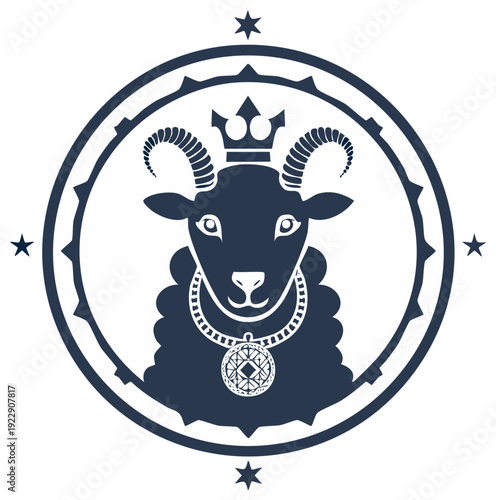 Ram head in a circle with a crown and pendant illustration