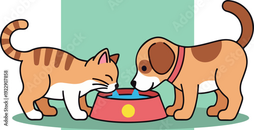 Cat and Dog Drinking Water Together from a Bowl.