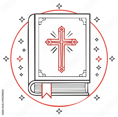 Illustration of Holy Book with Christian Cross, Ribbon Bookmark & Stars, Symbolic Religious, Educational Design