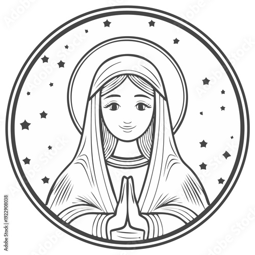 Peaceful Woman in Prayer with Halo and Stars Symbolizing Faith and Spirituality