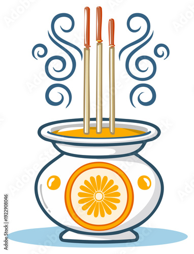 Ornate ceramic censer with burning incense sticks and smoke for spiritual ritual