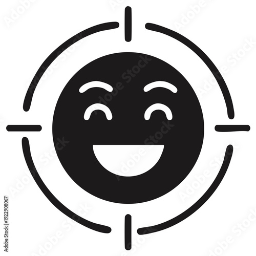 Happy smiley face icon in a crosshair target symbol representing joy and positive emotions