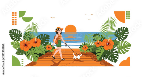 Woman Walking Dog on Tropical Beach Boardwalk at Sunset