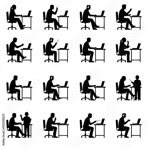 Set of 24 office worker silhouettes featuring professionals sitting at desk with laptop in various work situations. Includes typing, online meetings, phone calls, video communication, discussion