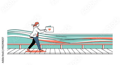 Woman Walking on Pier Holding Greeting Card with Heart Icon