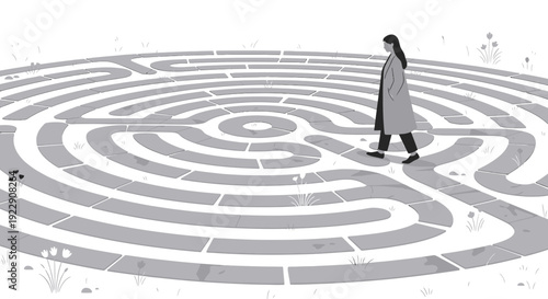Woman walks through a circular maze, symbolizing life's journey and decision making