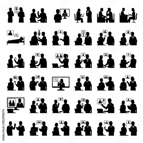 Set of 32 male silhouettes featuring a variety of everyday and business poses. Includes standing, walking, sitting, talking on phone, using mobile device, gesturing, thinking and expressive body 